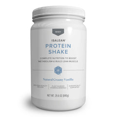 Isagenix IsaLean Protein Shake creamy vanilla canister showcasing complete nutrition for balanced meals.