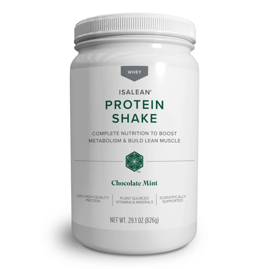 Isagenix IsaLean Shake Chocolate Mint canister ready for a balanced meal replacement.