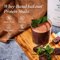 Isagenix IsaLean Shake Chocolate Mint nutrition facts emphasize 24 vitamins and fiber support.