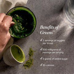 Isagenix Moringa Greens scoop—simple daily greens intake for busy days.