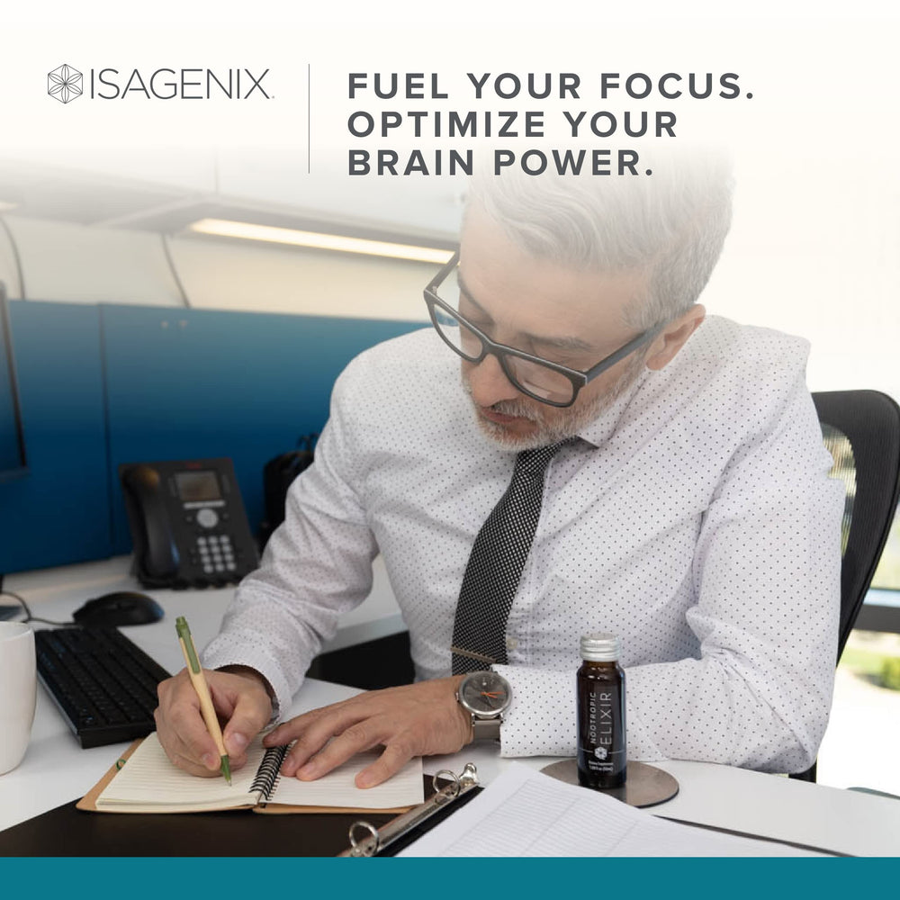 Isagenix Nootropic Elixir green tea extract detail noting caffeine synergy.