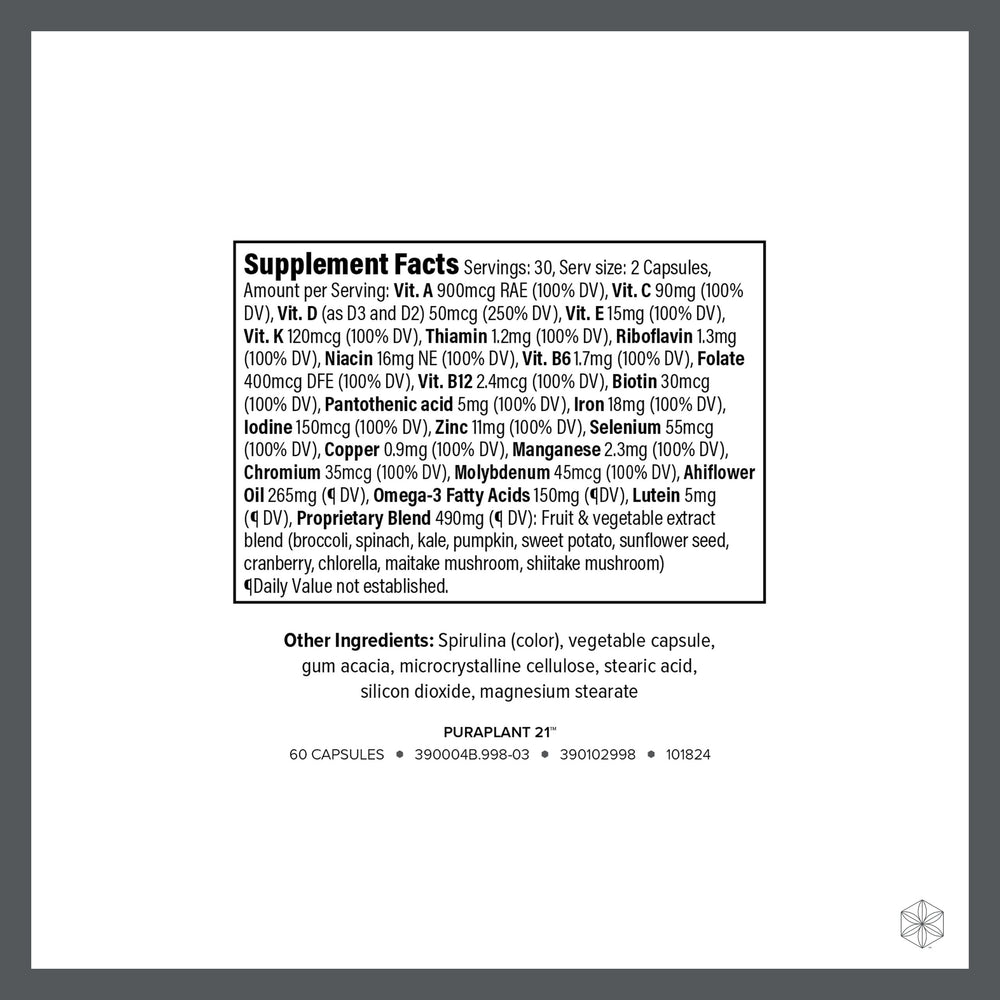 Isagenix PuraPlant21 bottle back with supplement facts and ingredients overview.