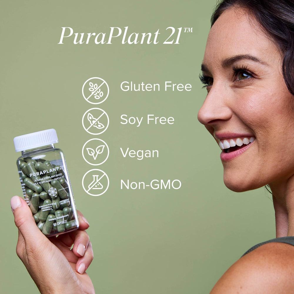 Isagenix PuraPlant21 capsules arranged to suggest convenient daily intake.