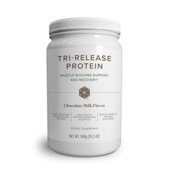 Isagenix Tri-Release Protein canister (front) with Chocolate Milk flavor and three-stage release messaging.