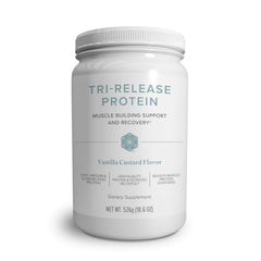 Isagenix Tri-Release Protein vanilla custard bottle shows three-stage release benefits for recovery