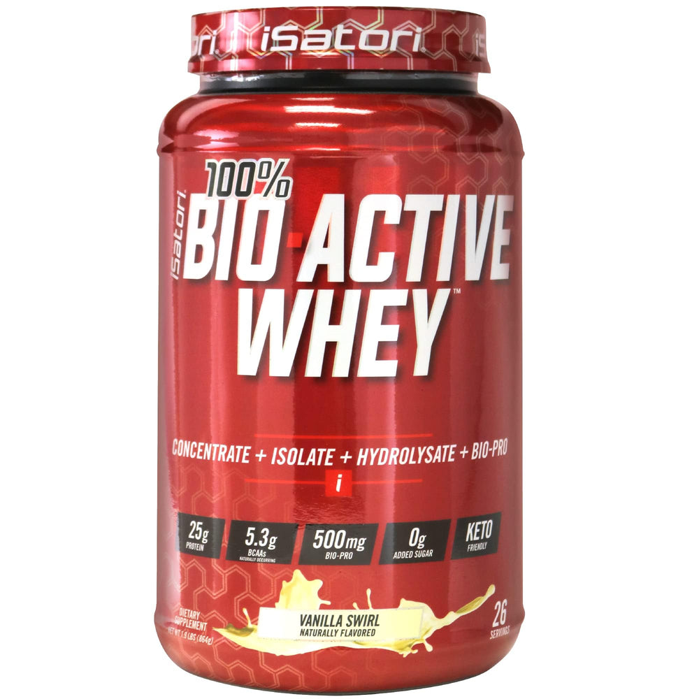 iSatori Bio-Active Whey Vanilla Swirl tub ready for post-workout fueling.