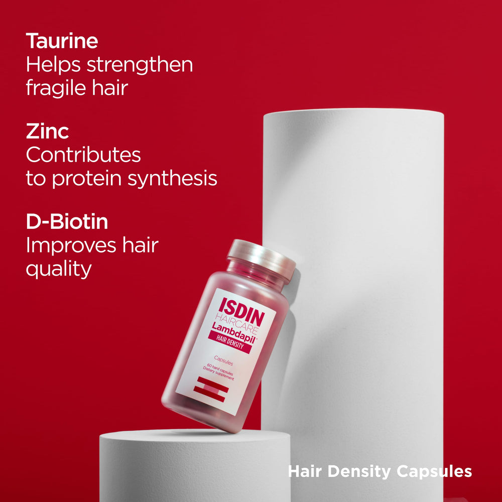 ISDIN Lambdapil label detail emphasizes zinc taurine and biotin