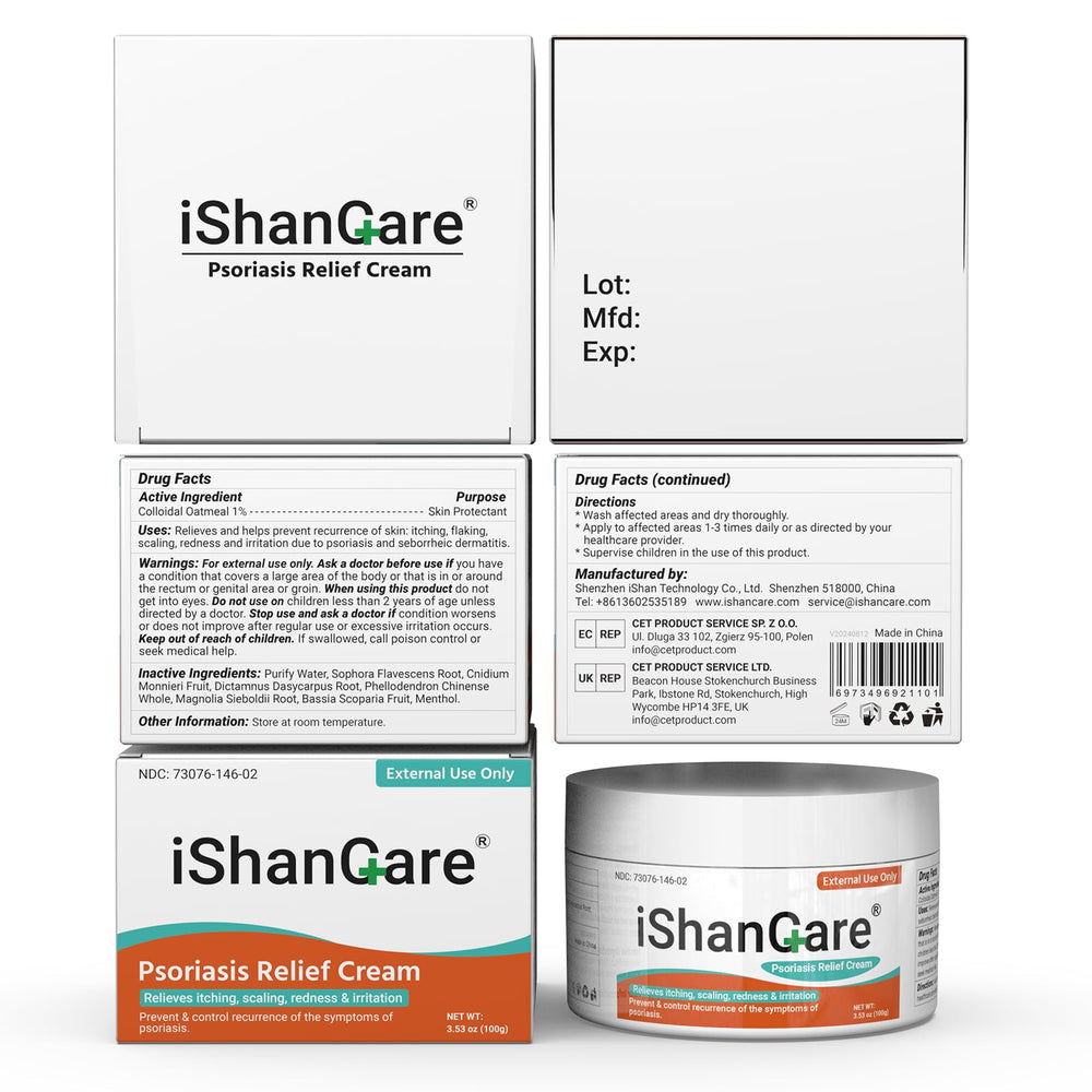 Ishancare Psoriasis Cream label indicates fragrance-free, hormone-free, steroid-free formula