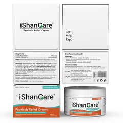 Ishancare Psoriasis Cream label indicates fragrance-free, hormone-free, steroid-free formula