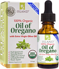Island Nutrition Oil of Oregano bottle front showing organic oregano-olive oil blend.