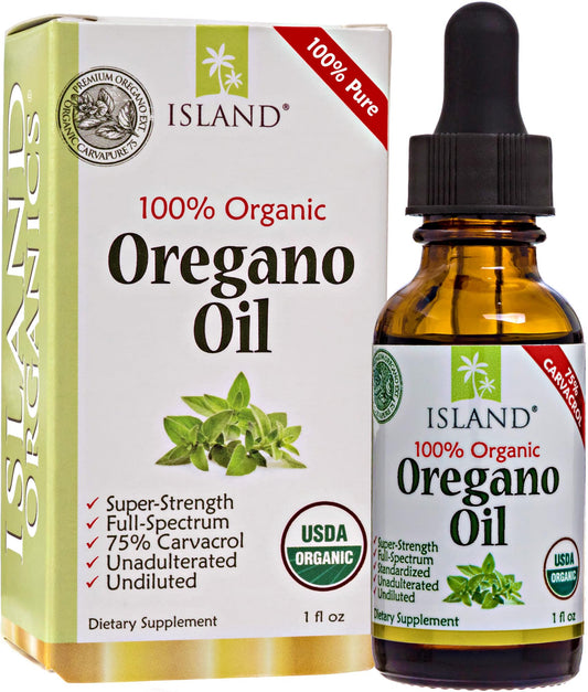 Island Nutrition oregano oil bottle with pour, showing undiluted drops for potential immune support
