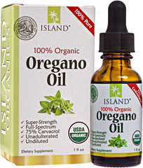 Island Nutrition oregano oil bottle with pour, showing undiluted drops for potential immune support