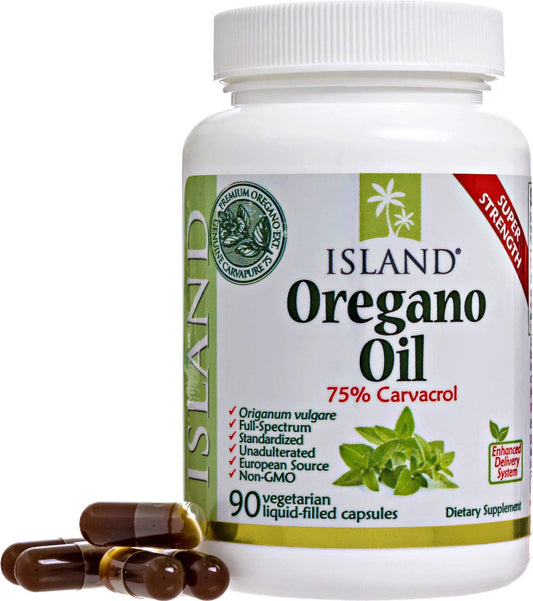 Island Nutrition oregano oil capsules bottle for daily use.