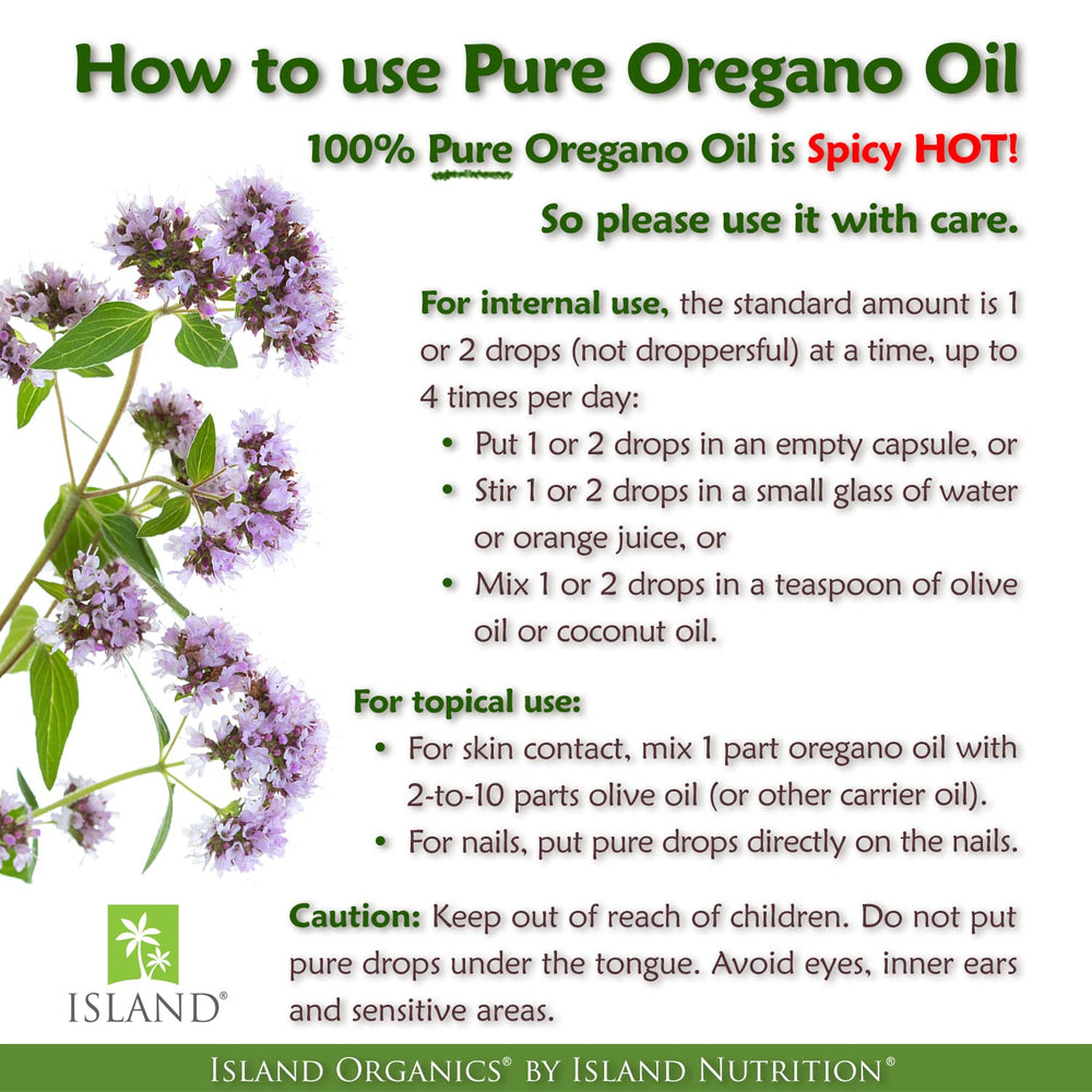 Island Nutrition oregano oil packaging box, travel-friendly 1 oz size and organic certification