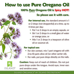 Island Nutrition oregano oil packaging box, travel-friendly 1 oz size and organic certification
