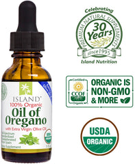 Island Nutrition Spanish-origin oregano oil bottle emphasizing premium origin.