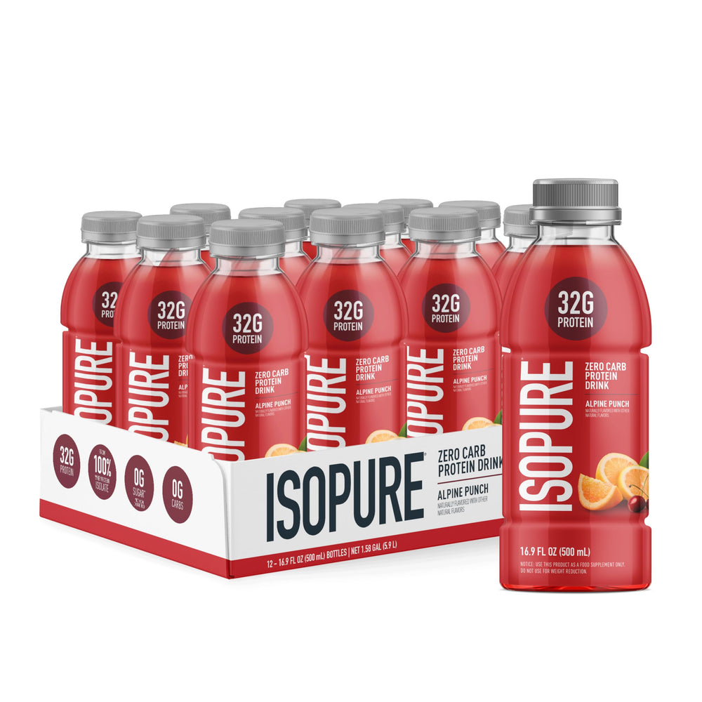 Isopure Alpine Punch bottle front, zero-carb protein for post-workout refreshment.