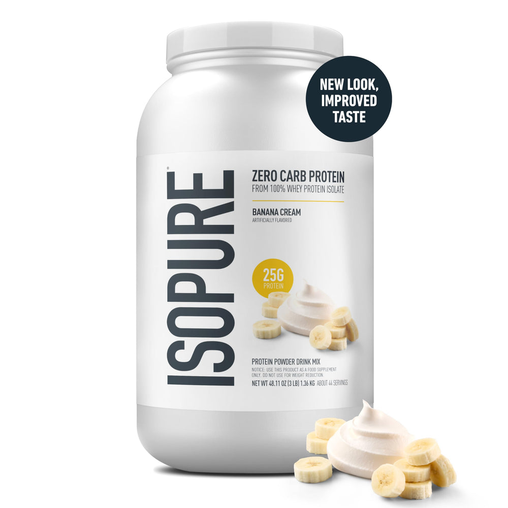 Isopure Banana Cream whey isolate container label showing 25 g protein