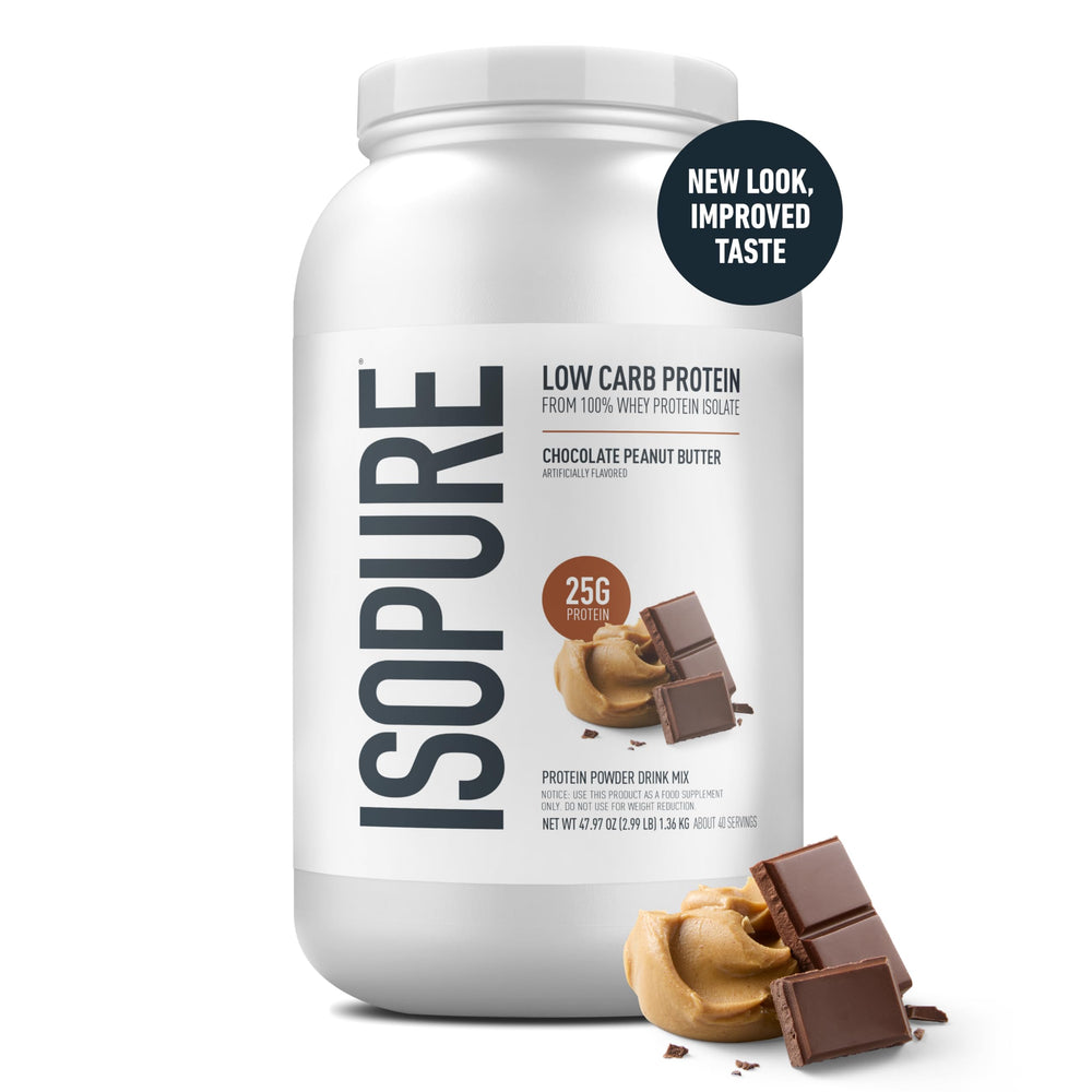 Isopure Chocolate Peanut Butter whey shake in glass ideal for zero-sugar hydration