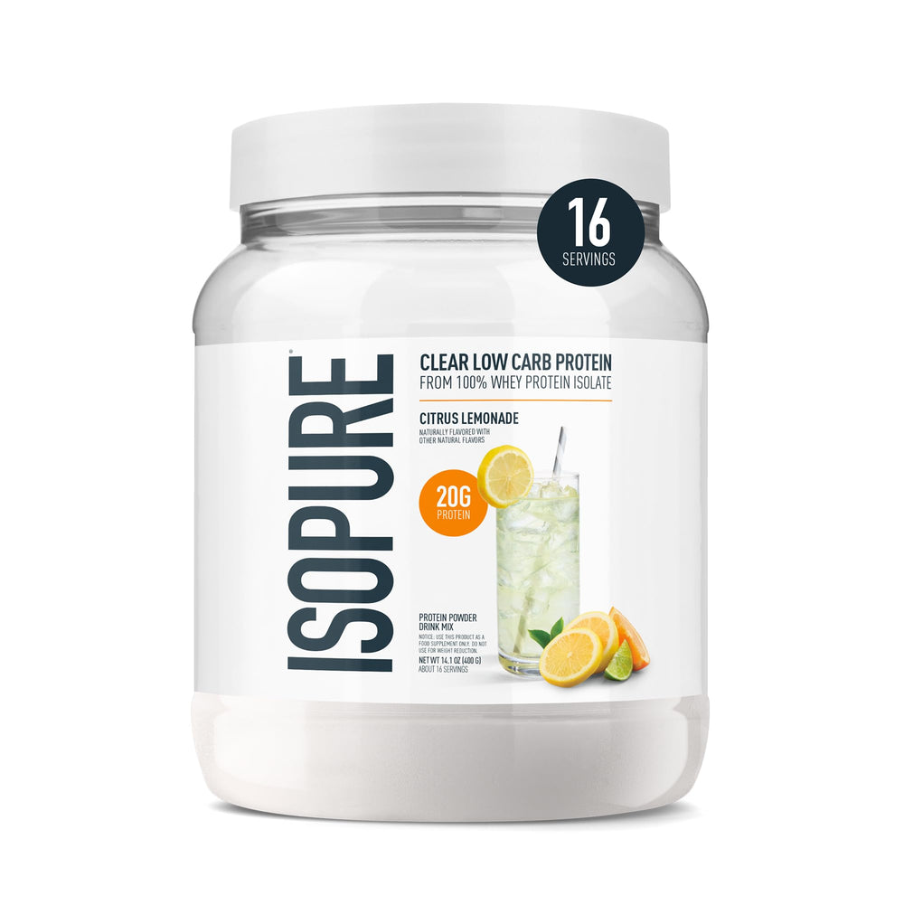 Isopure Clear Whey Isolate bottle – lactose-free protein for daily hydration.