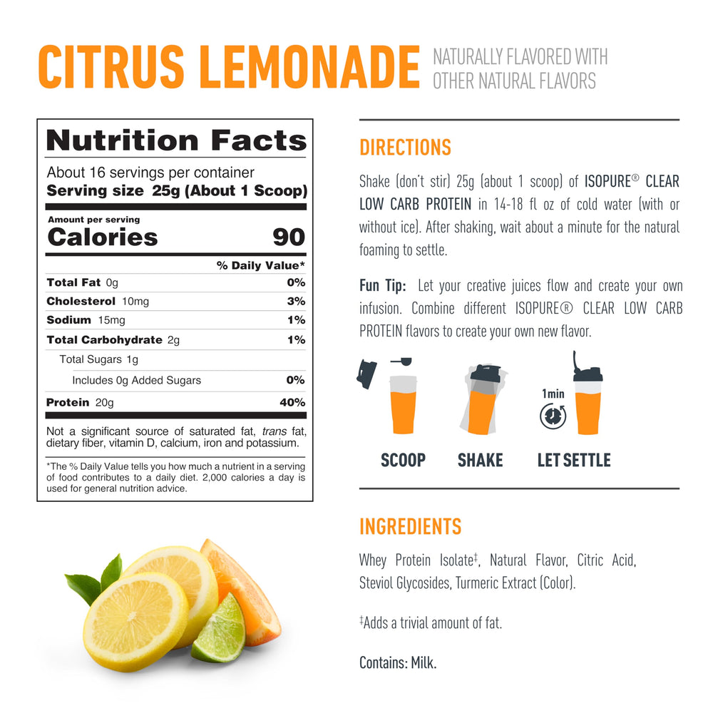 Isopure Clear Whey Isolate gluten-free label – suitable for gluten-sensitive diets.
