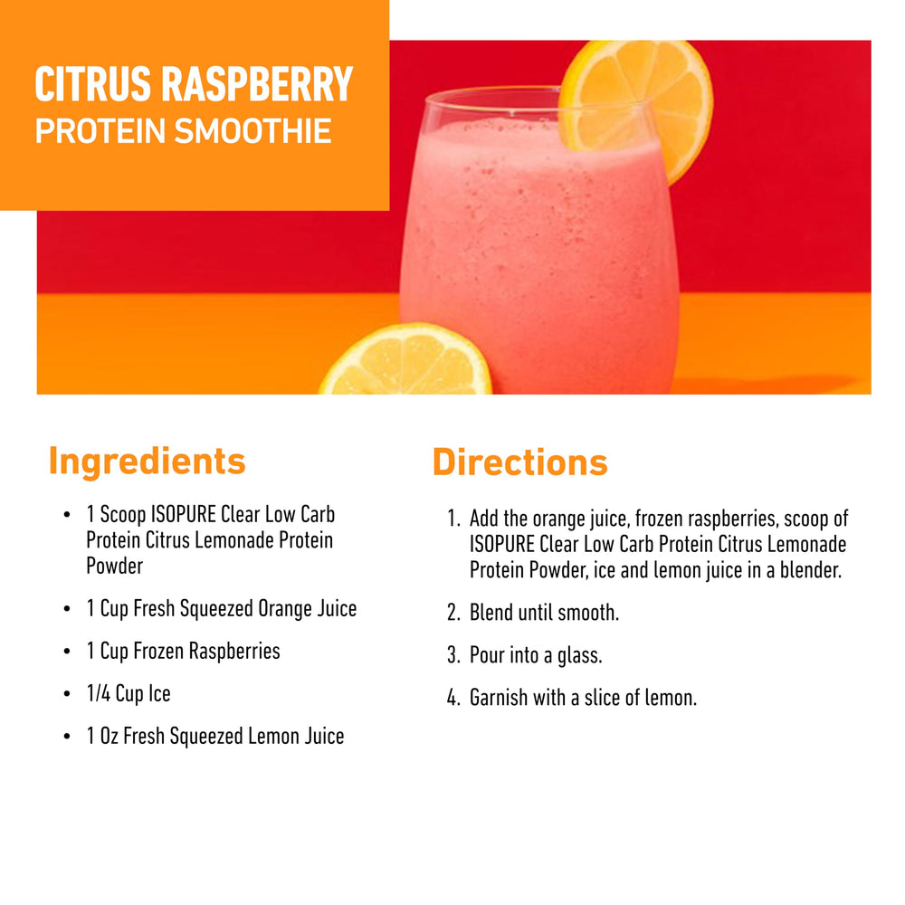 Isopure Clear Whey Isolate packaging front, lactose and gluten free label visible.