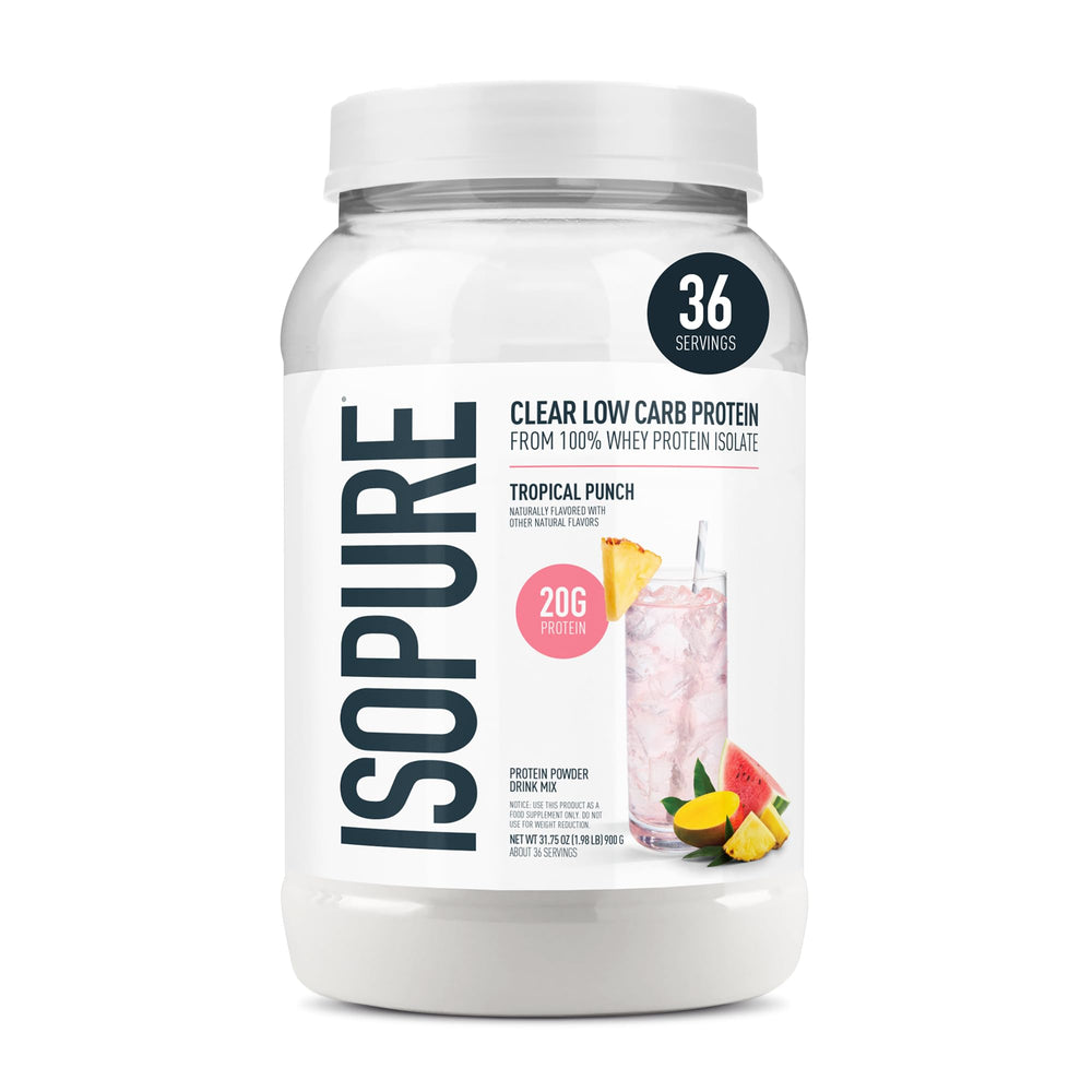 Isopure Clear Whey Isolate Tropical Punch tub highlighting light, high-protein nutrition in a low-carb formula