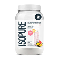 Isopure Clear Whey Isolate Tropical Punch tub highlighting light, high-protein nutrition in a low-carb formula