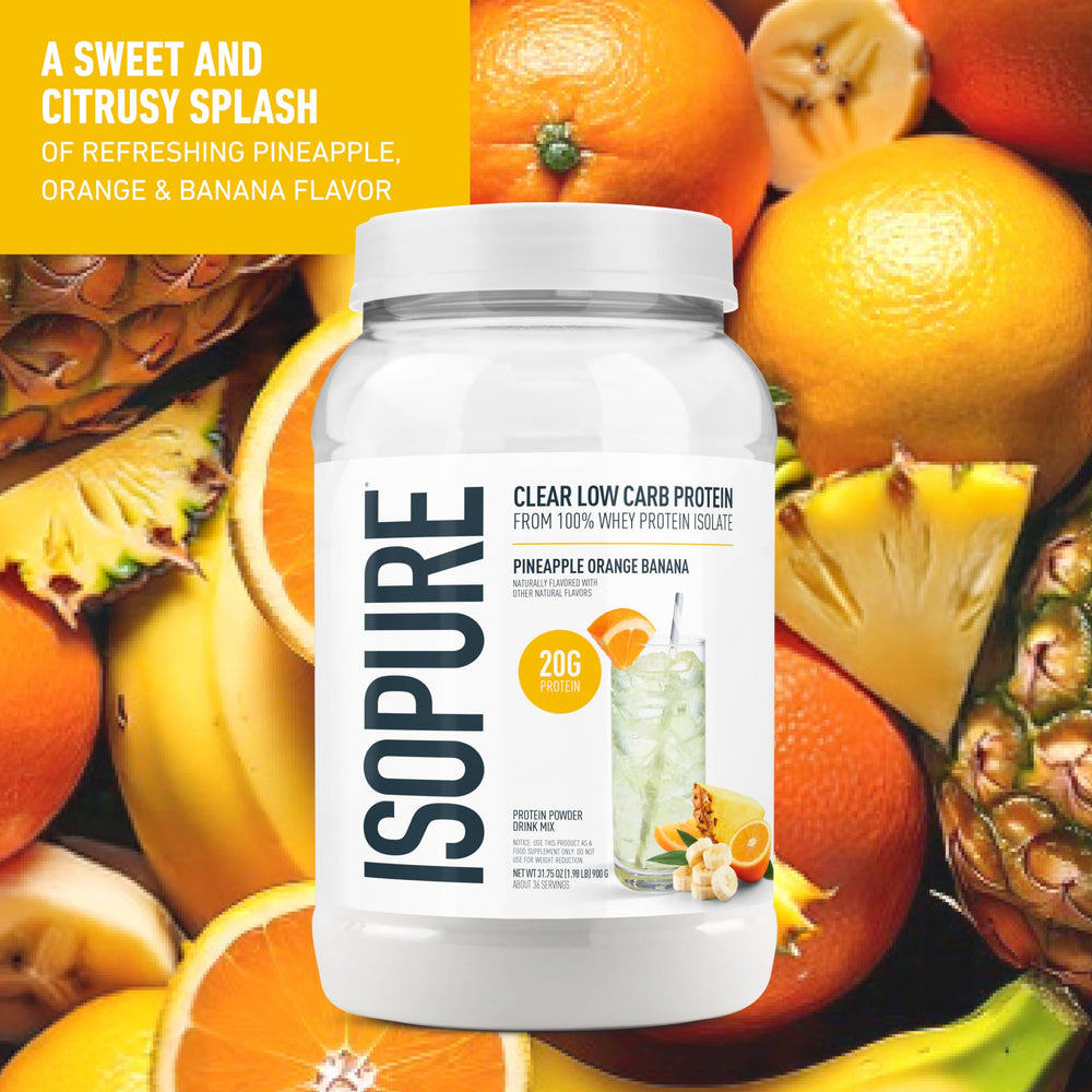 Isopure Clear Whey nutrition label shows 20g protein per serving.