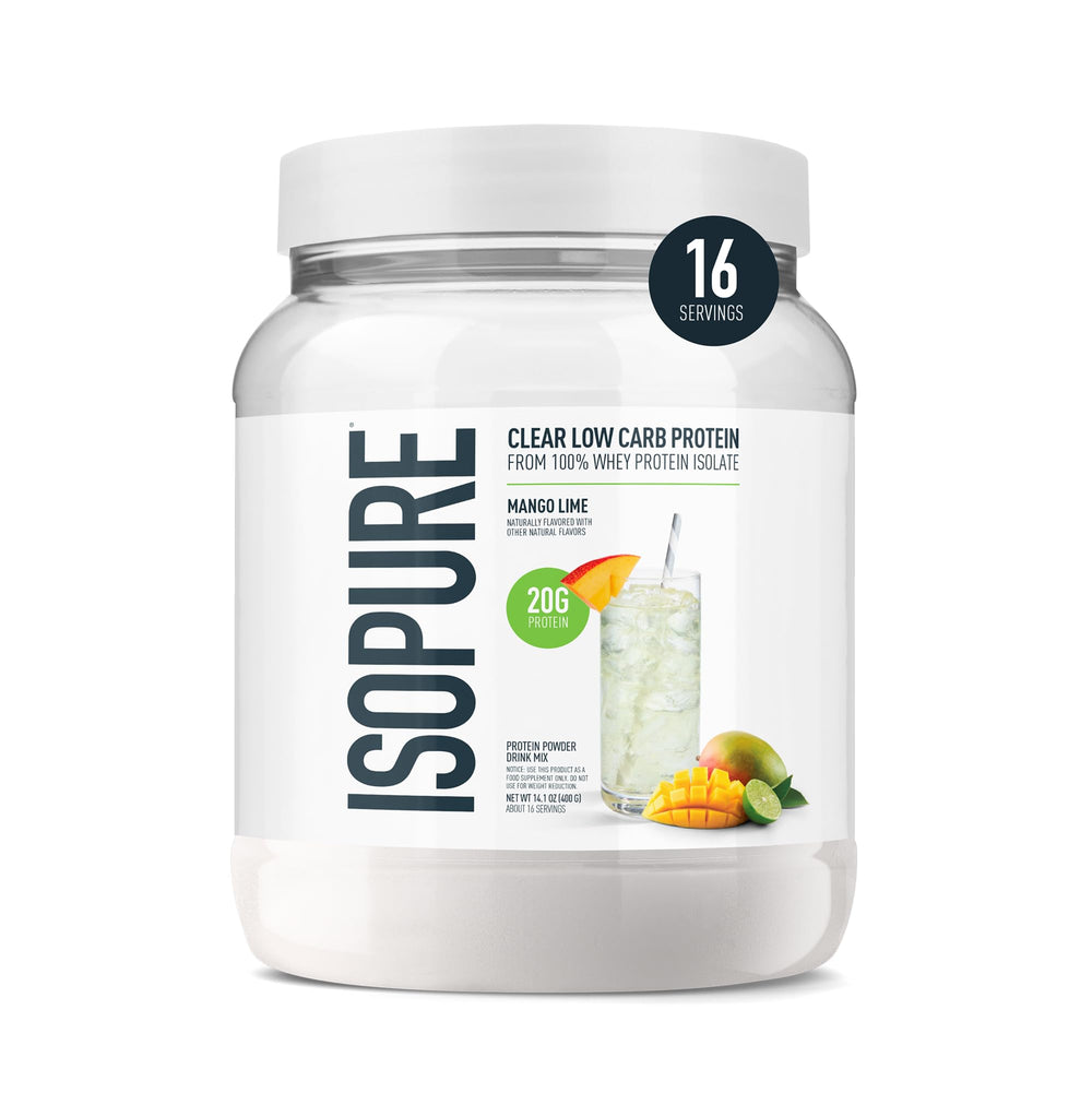Isopure Clear Whey Mango Lime bottle showing refreshing protein sip.