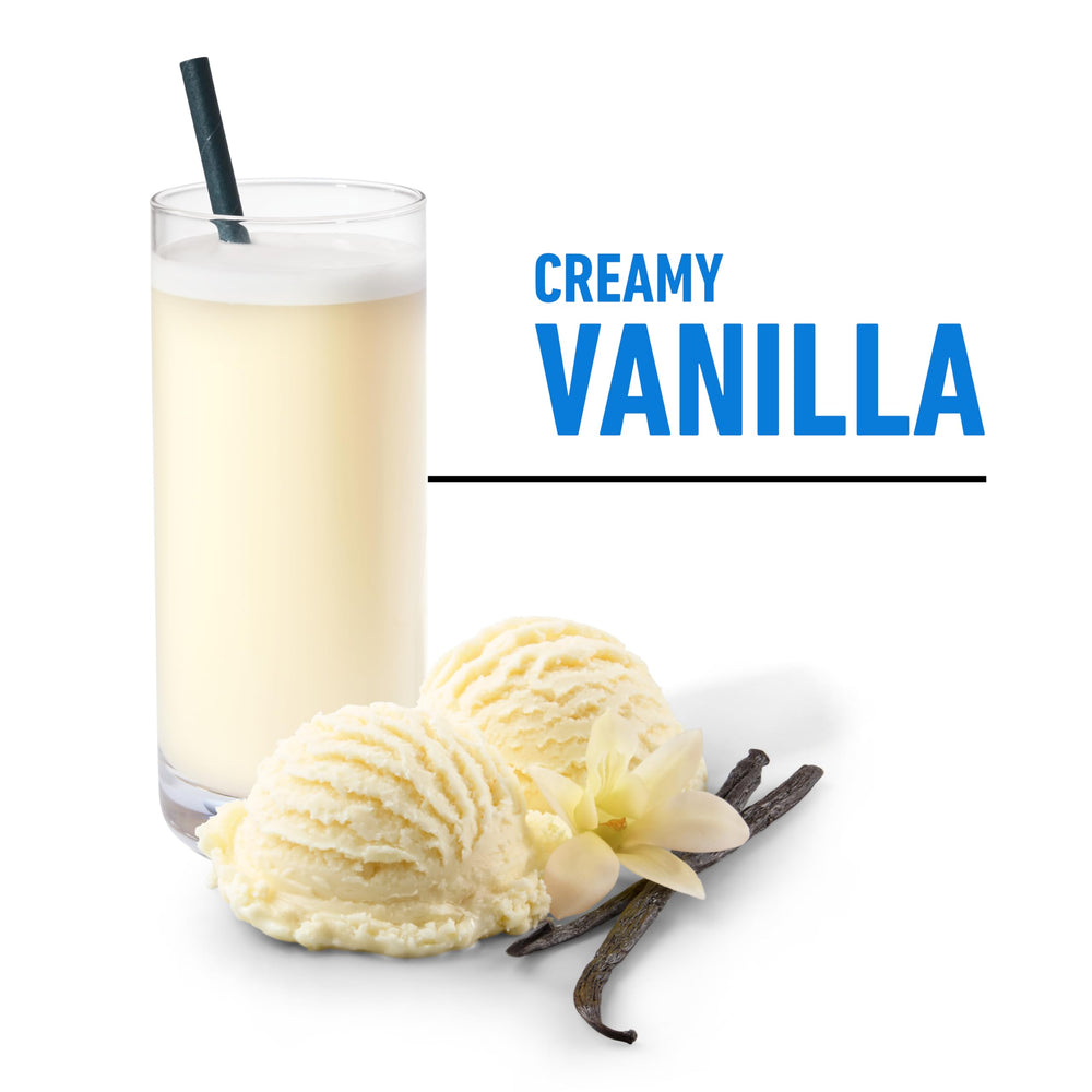 Isopure Creamy Vanilla shake in glass demonstrates rich flavor and easy mixability.