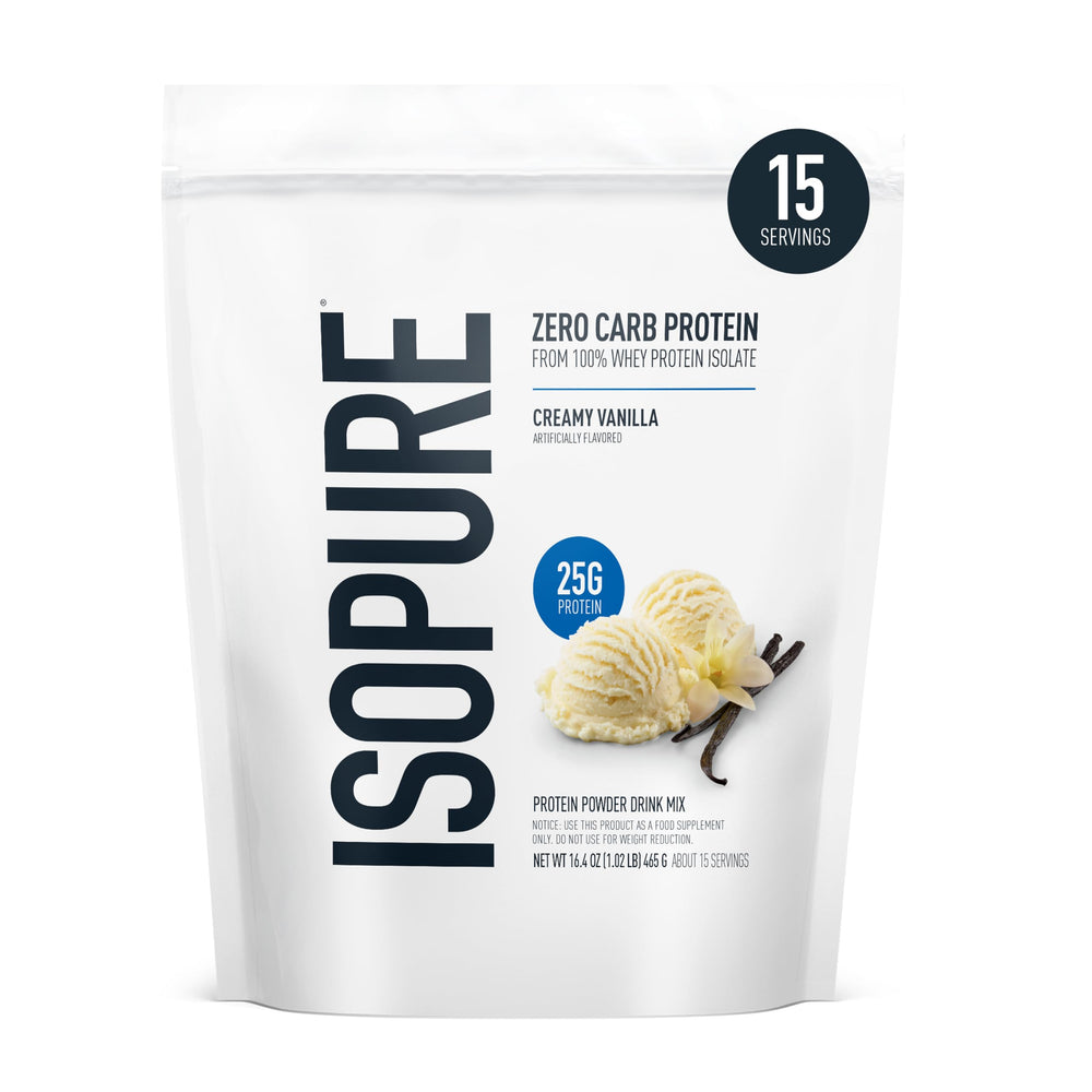 Isopure Creamy Vanilla whey protein powder jar shows smooth texture and premium quality.