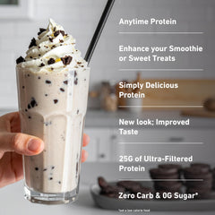 Isopure Cookies & Cream shake poured into glass shows smooth texture.