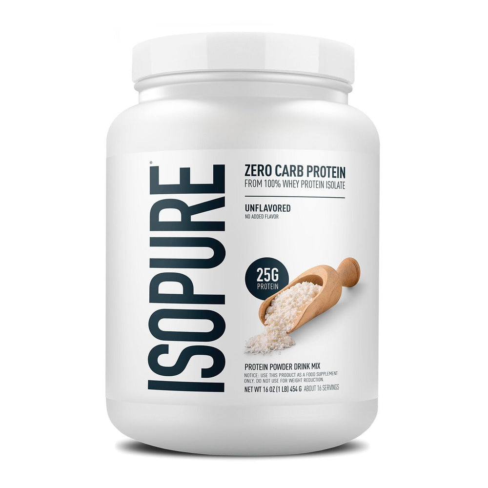 Isopure gluten-free whey isolate ingredients on clean-label backdrop.