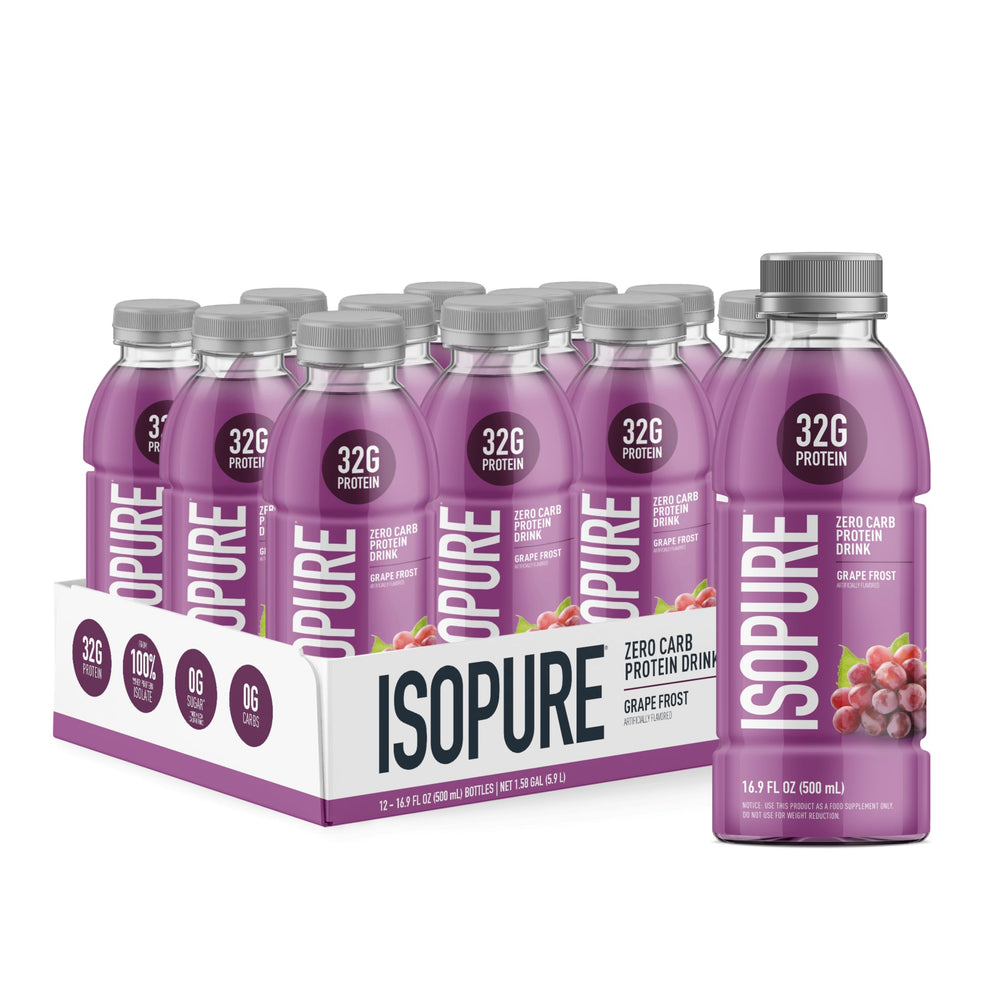 Isopure Grape Frost bottle shows clear protein for on-the-go use.