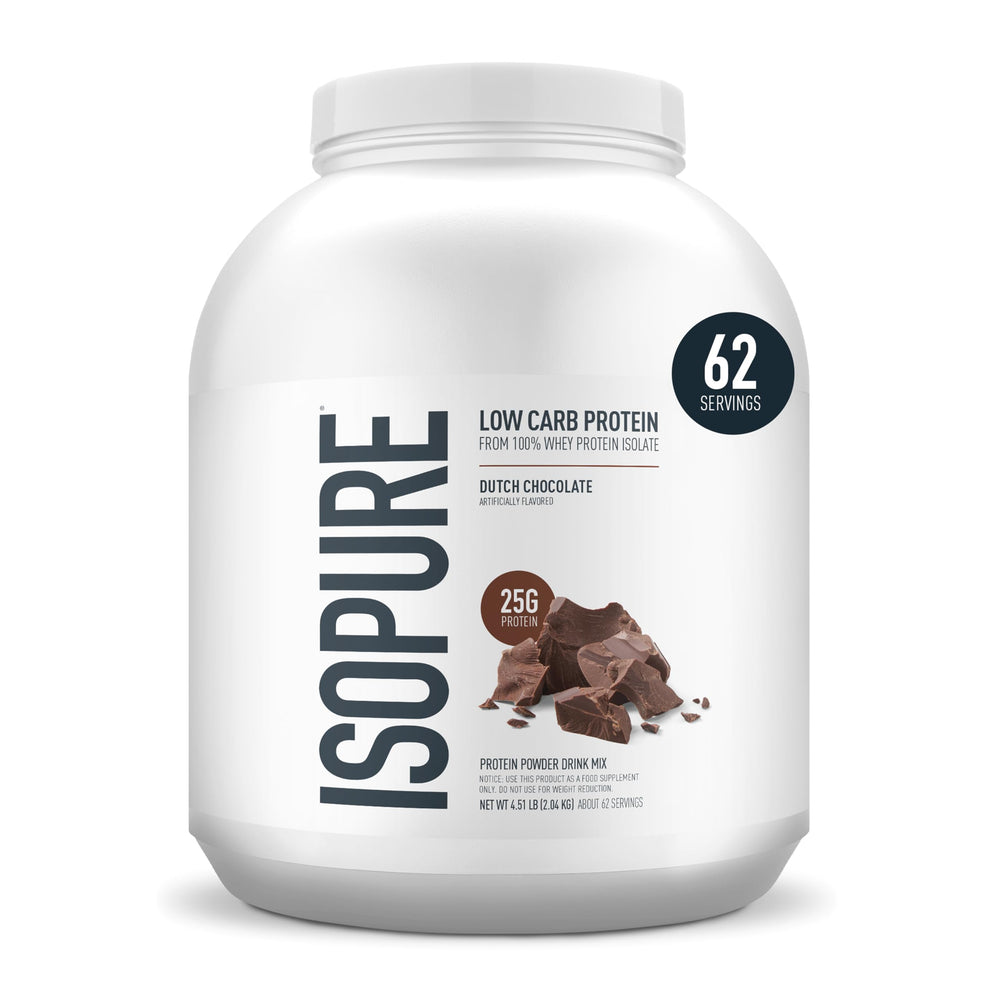 Isopure low-carb whey isolate jar shows 25 g protein per serving for daily wellness.