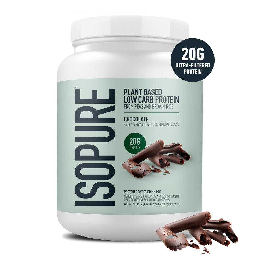 Isopure Chocolate protein powder container with serving scoop