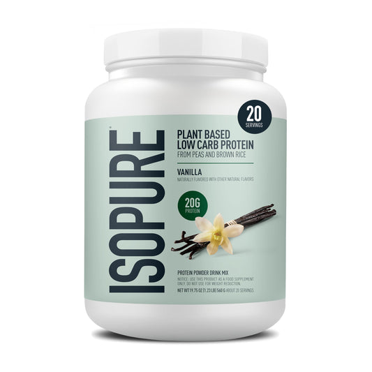 Isopure plant-based vanilla container showing dairy-free protein for daily nutrition