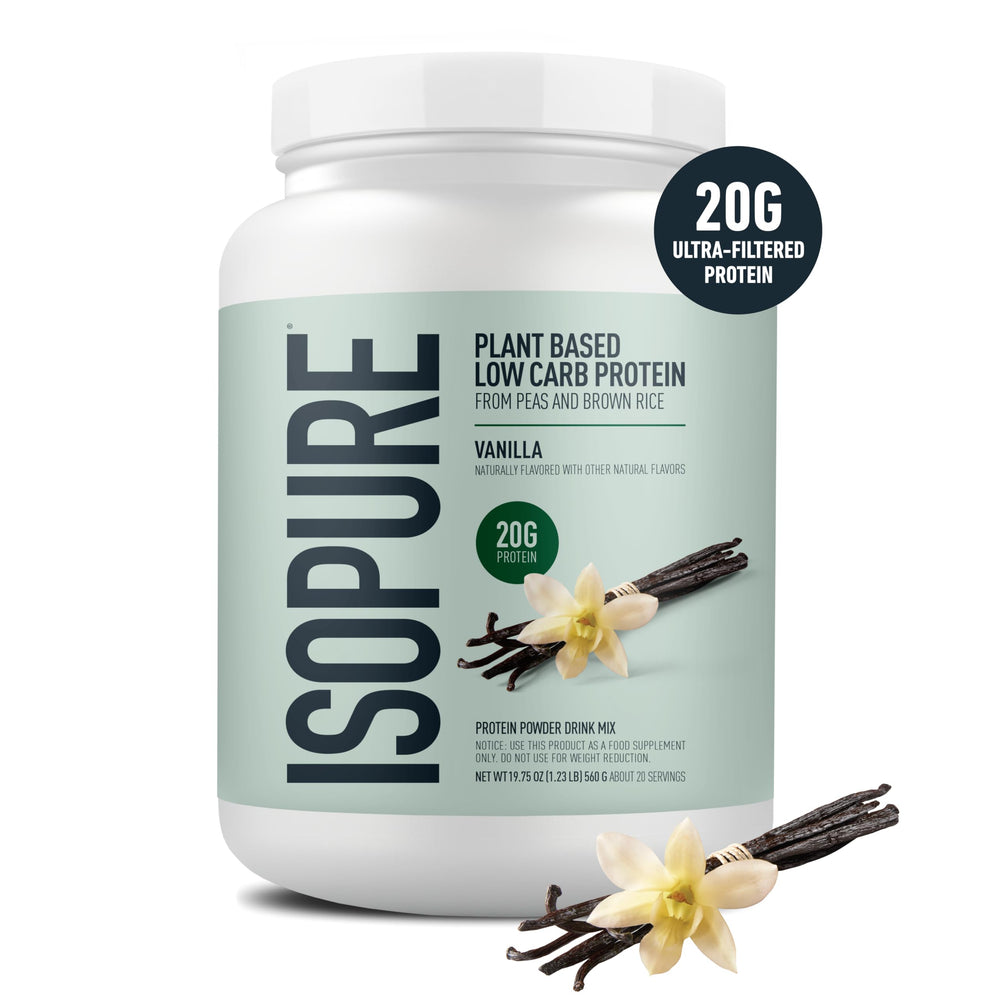 Isopure plant-based vanilla powder being poured into a shaker for quick shakes