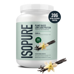 Isopure plant-based vanilla powder being poured into a shaker for quick shakes