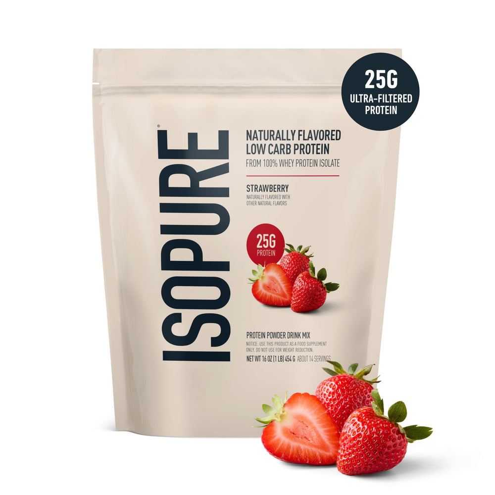 Isopure scoop beside strawberry whey powder for precise protein portions.