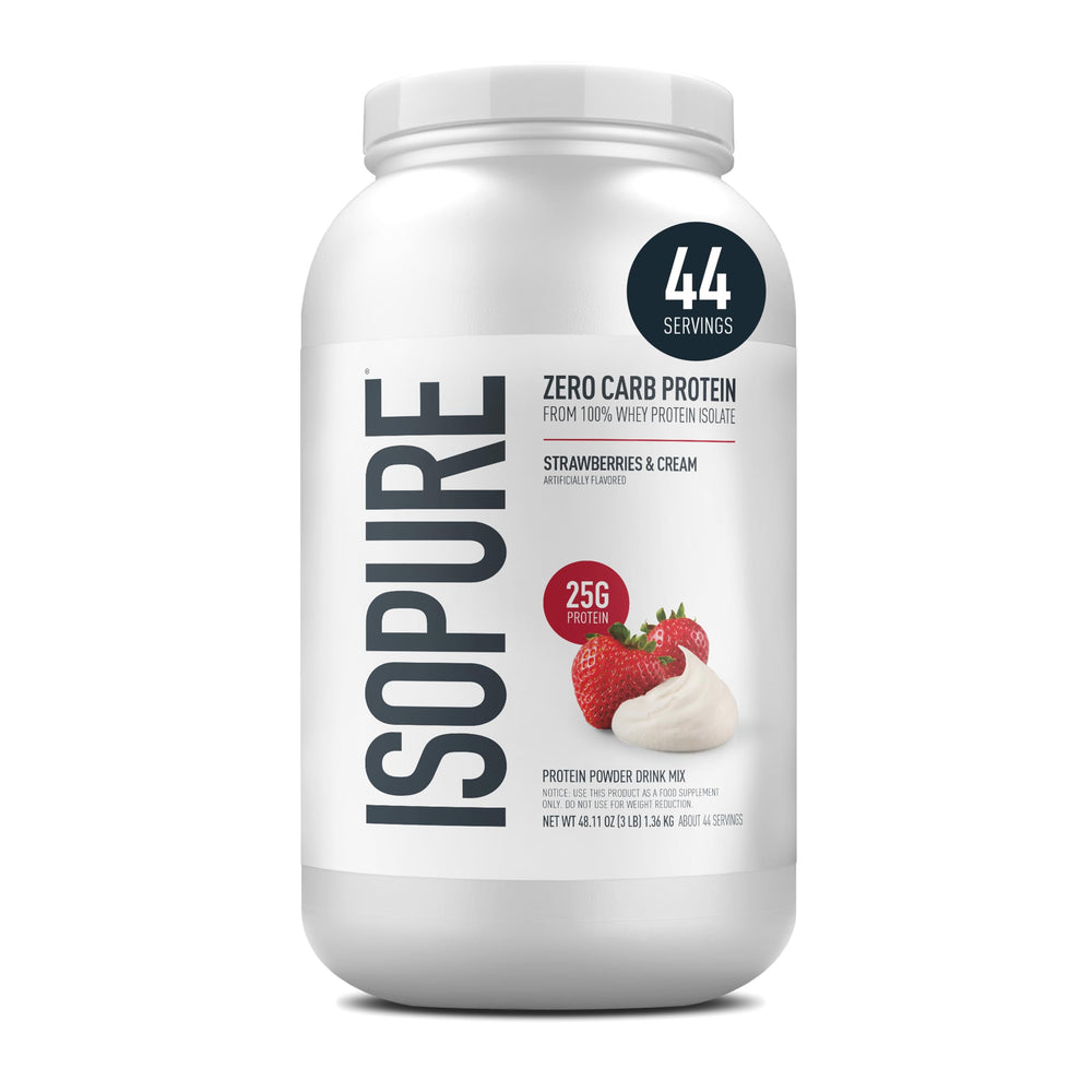 Isopure Strawberry & Cream whey tub front for quick, protein-rich shakes.