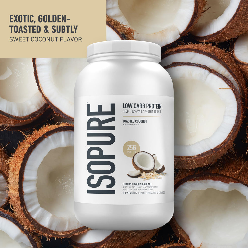 Isopure Toasted Coconut whey shake served in a glass after workout.