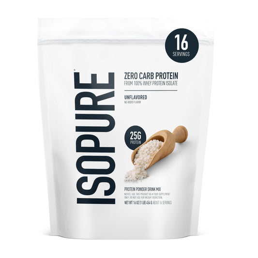 Isopure unflavored whey isolate powder in a bag, versatile for recipes.