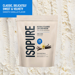 Isopure Vanilla Bean whey shake in glass, creamy and sugar-free.