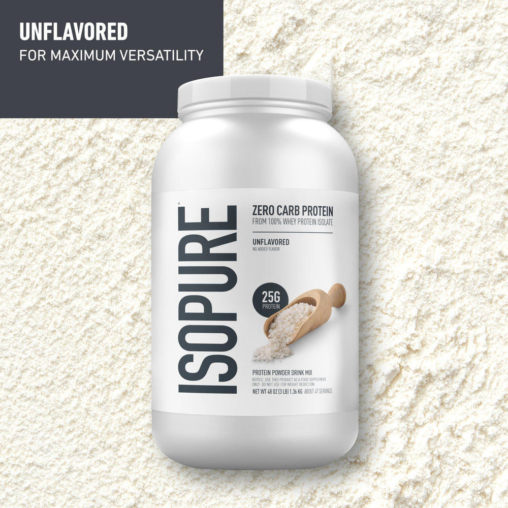 Isopure one hundred percent whey isolate jar highlights 25 g protein per serving