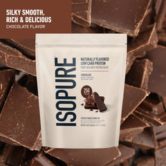 Isopure whey isolate powder poured into a glass for low-carb protein boost.