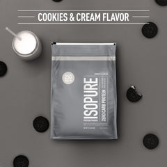 Isopure whey isolate powder scoop highlights zero carbs and gluten-free formula.