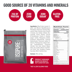 Isopure whey powder nutrition label close-up highlighting vitamins and minerals.