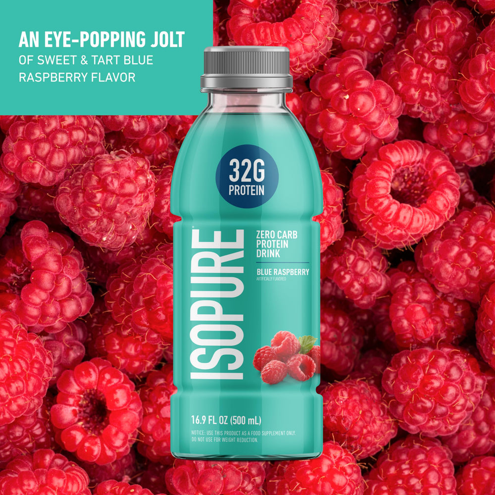 Pouring Isopure Blue Raspberry demonstrates quick, convenient protein on the go.